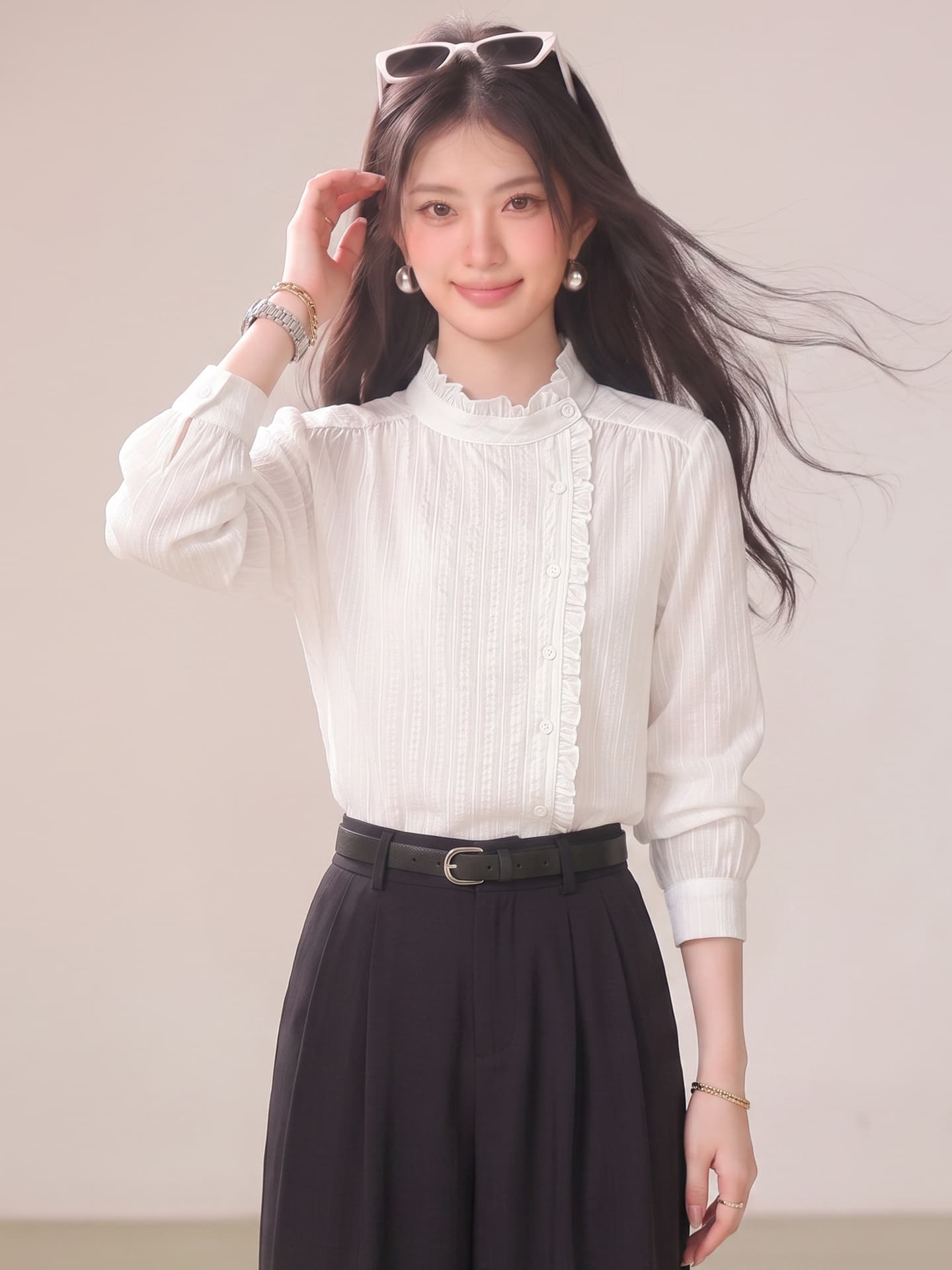 실사 2026 한 부서 가을 패션 스탠드 칼라 긴팔 블라우스 프릴 맨위 여성 이미지 3