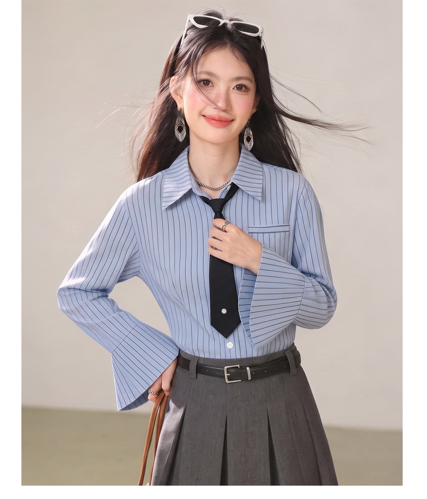 실사 2026 새로운 봄 가을 여성 의류 파란색 긴팔 느긋한 바람 맨위 품격 셔츠 여성 상세 이미지 13