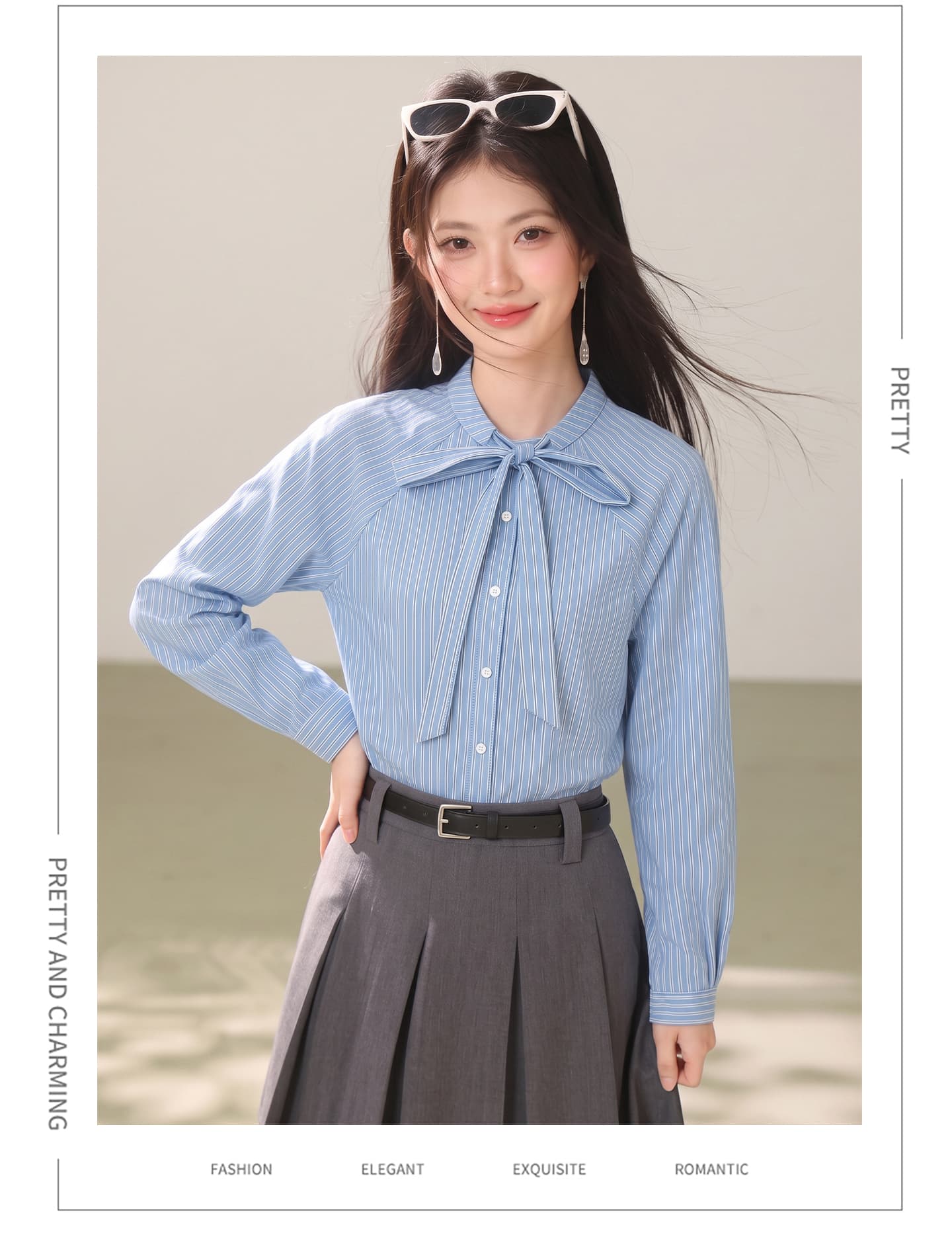 실사 레트로 파란색 세로 줄무늬 여성 셔츠 작은 키 긴팔 다용도 슬림해 보이는 디자인 센스 레이스업 맨위 상세 이미지 14