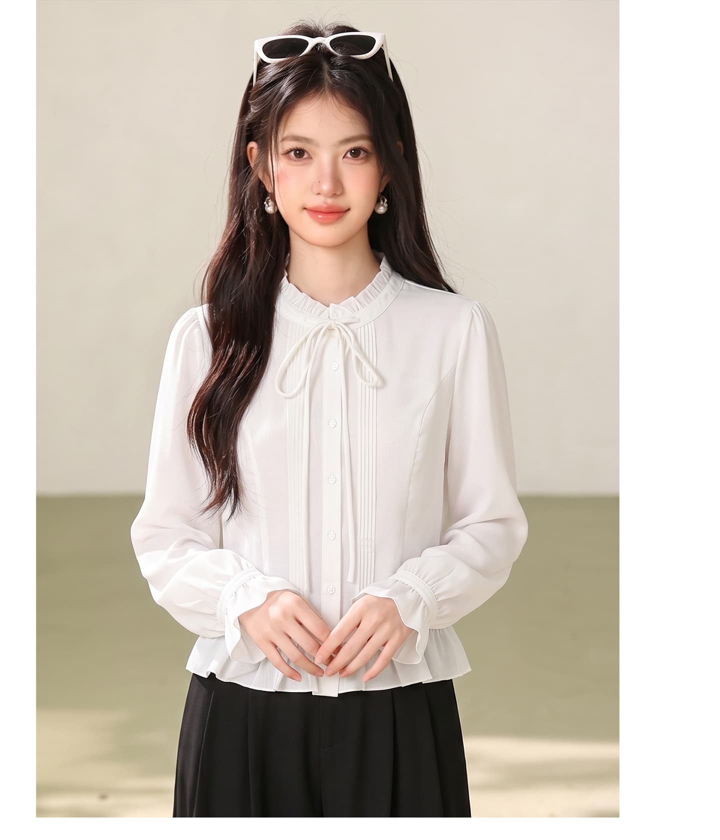 실사 지방 mm 빅 사이즈 어둠 곡물 질감 프릴 디자인 센스 긴팔 화이트 셔츠 슬림해 보이는 맨위 상세 이미지 13