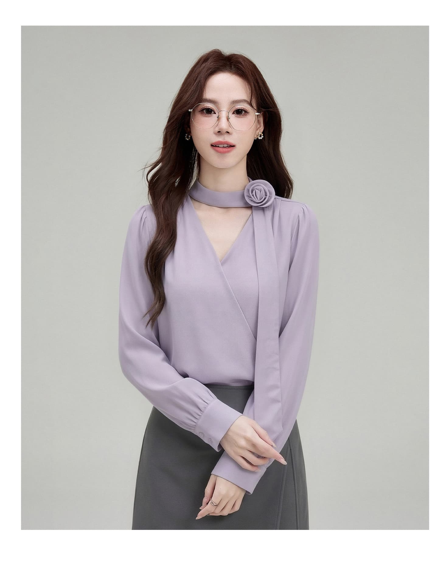 2026 보라색 경력 긴팔 여성 셔츠 직장 출퇴근 면접 셔츠 프랑스식 품격 V넥 새틴 맨위 상세 이미지 14
