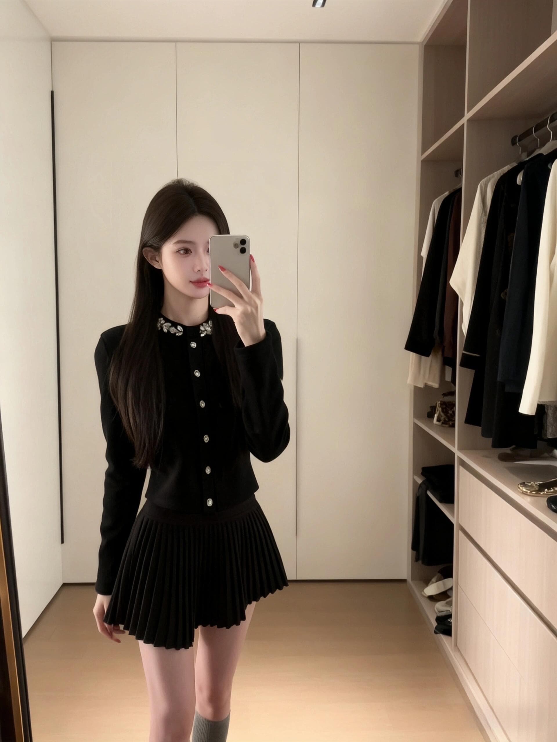 있음 선적 miu 부서 천 금빛 바람 고급 센스 세트 다이아몬드 세팅 니트 오픈 가디건 플리츠 반신 스커트 샤오시엔 투피스 세트 이미지 4