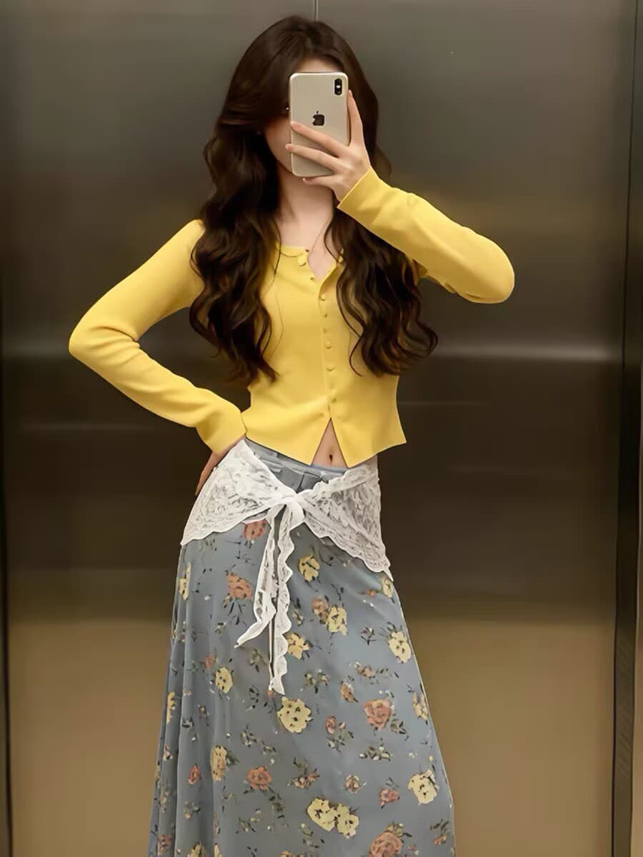 전체 집합 ootd 착용 가져 가라. 한 부서 작은 샤넬 스타일 황색 니트 오픈 가디건 파란색 프린트 반신 치마 세트 여성 가을 이미지 4