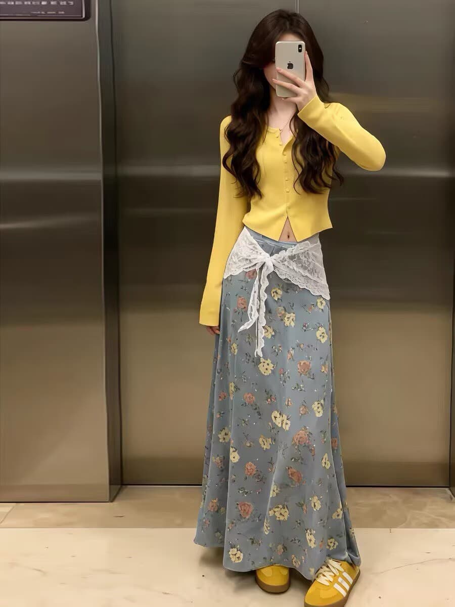 전체 집합 ootd 착용 가져 가라. 한 부서 작은 샤넬 스타일 황색 니트 오픈 가디건 파란색 프린트 반신 치마 세트 여성 가을 상세 이미지 4