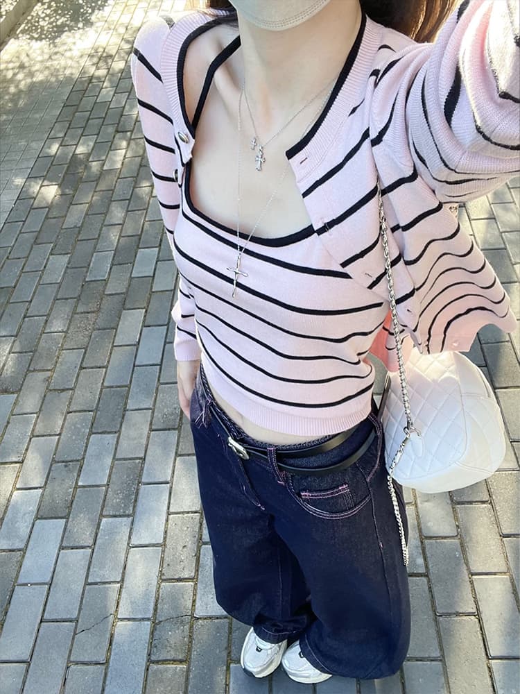 자이언트 잘 생긴 ~ 중 착용 가져 가라. 전체 집합 ootd 한 부서 스트라이프 오픈 가디건 경기 슬립 넓은 다리 청바지 세 조각 세트 트렌디 이미지 4