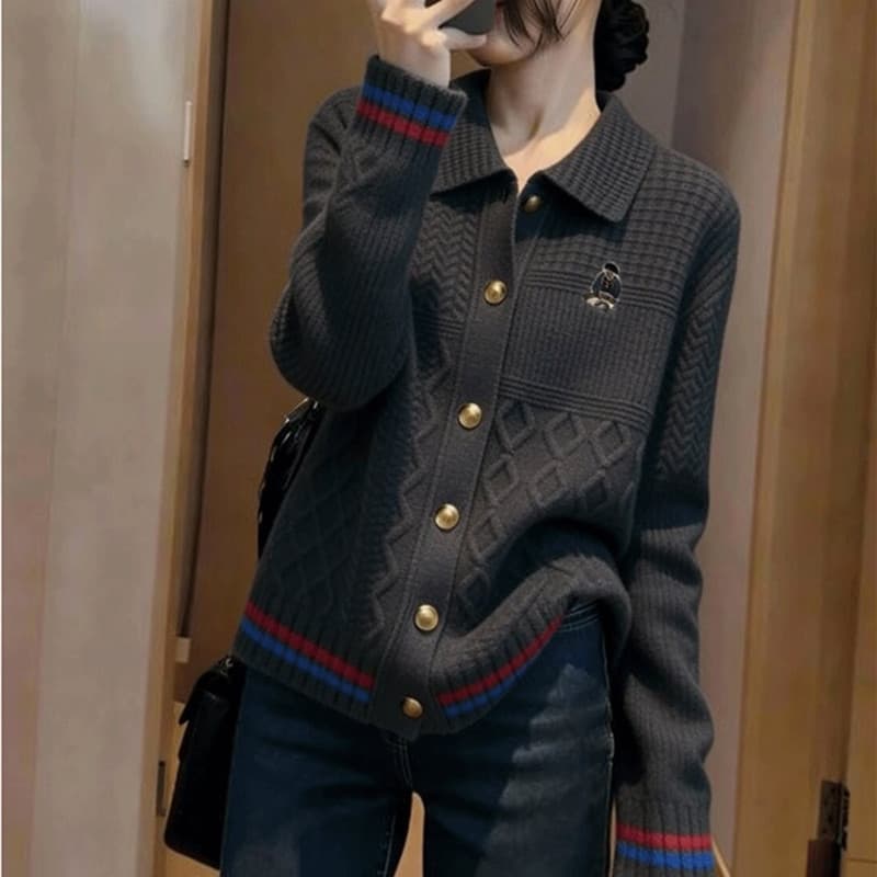 부드러운 바람 POLO 칼라 니트 오픈 가디건 여성 2026 가을 겨울 새로운 품격 스웨터 고급 재킷 고유 한 맨위 상세 이미지 5