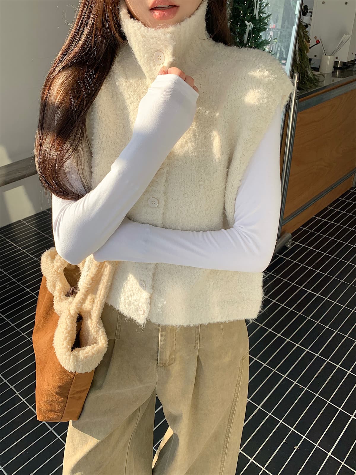 가을 새로운 한국 동대문 일본식 학원 스타일 니트 민소매 터틀넥 스웨터 베스트 조끼 상세 이미지 17