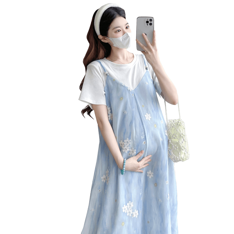 실사 여름 새로운 출산 착용 순면 티셔츠 패치워크 쉬폰 자수 페이크 레이어드 m-xxxl 빅 사이즈 드레스 이미지 6