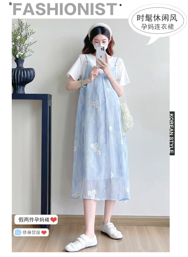 실사 여름 새로운 출산 착용 순면 티셔츠 패치워크 쉬폰 자수 페이크 레이어드 m-xxxl 빅 사이즈 드레스 상세 이미지 2