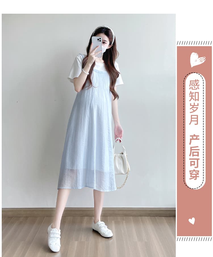 실사 여름 새로운 한국 스타일 티셔츠 패치워크 페이크 레이어드 작은 청신 임산부 드레스 상세 이미지 2