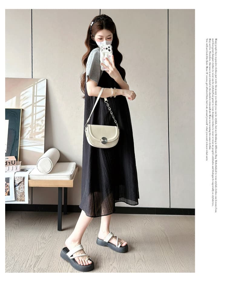 실사 여름 새로운 한국 스타일 티셔츠 패치워크 페이크 레이어드 표지 배 슬림해 보이는 임산부 빅 사이즈 드레스 상세 이미지 11