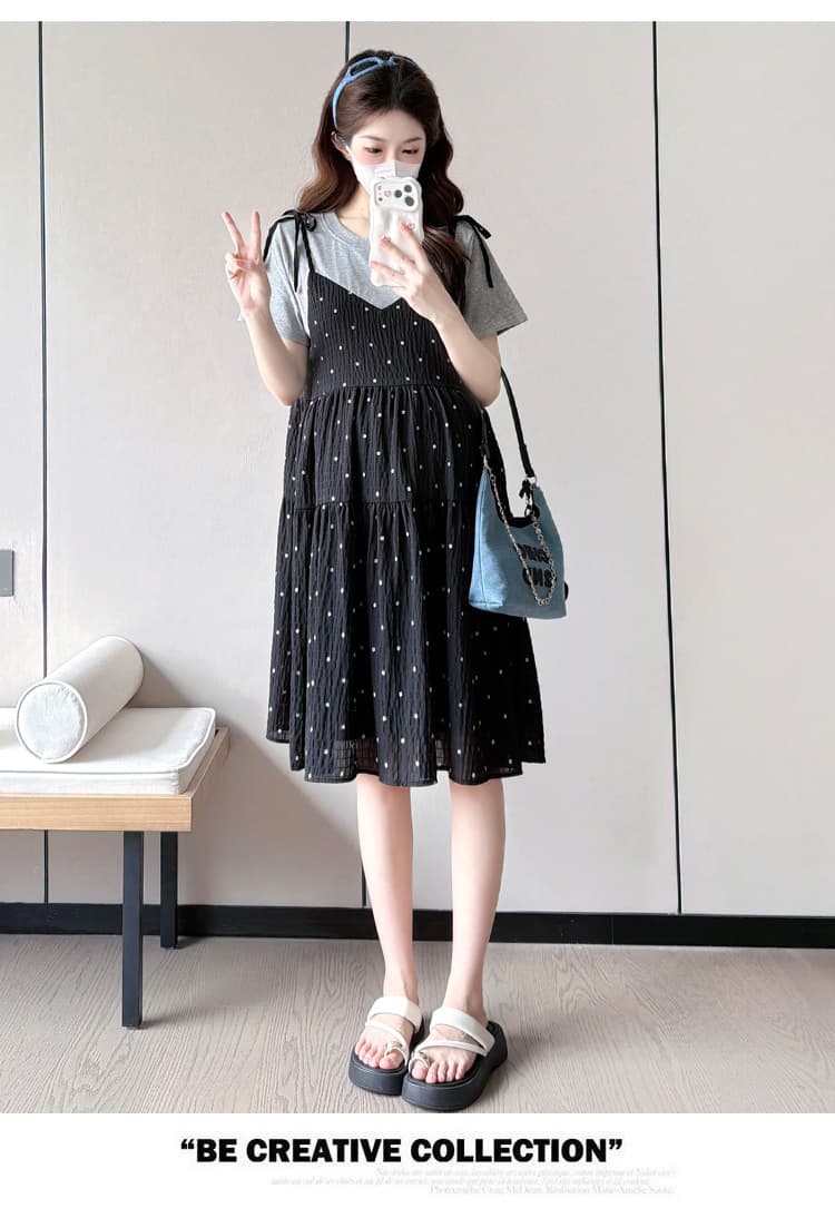 실사 여름 새로운 한국 스타일 티셔츠 패치워크 페이크 레이어드 연령 감소 슬림해 보이는 임산부 드레스 상세 이미지 12
