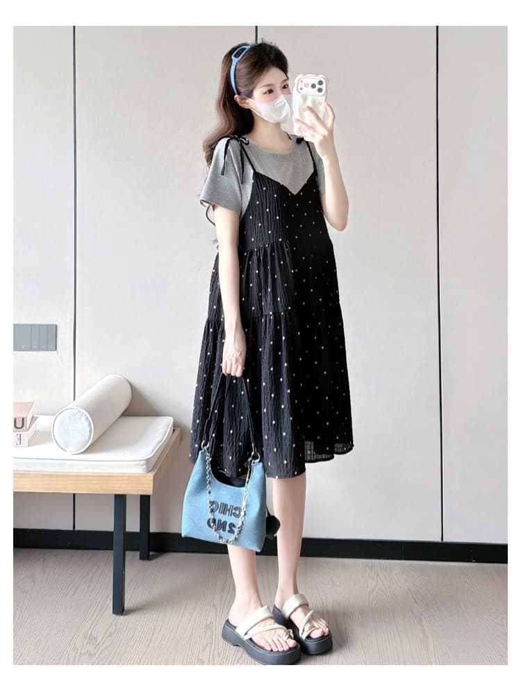 실사 여름 새로운 한국 스타일 티셔츠 패치워크 페이크 레이어드 연령 감소 슬림해 보이는 임산부 드레스 상세 이미지 17