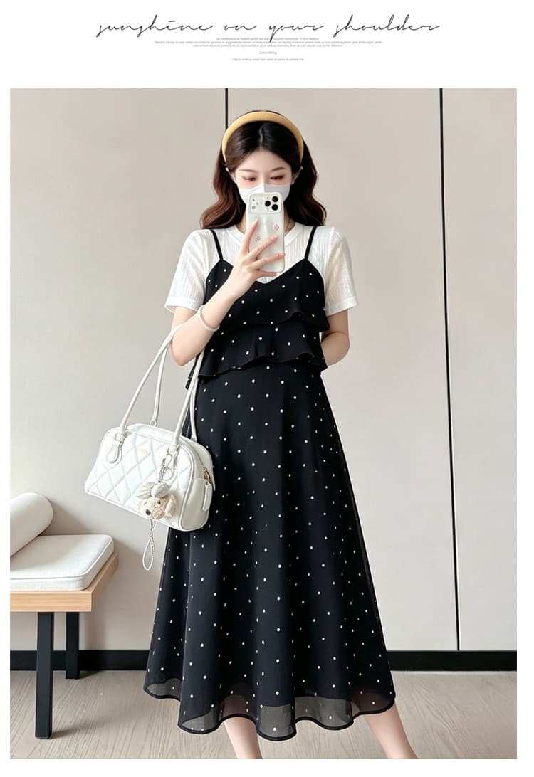 실사 여름 새로운 한국 스타일 티셔츠 패치워크 페이크 레이어드 품격 슬림해 보이는 임산부 빅 사이즈 드레스 상세 이미지 17