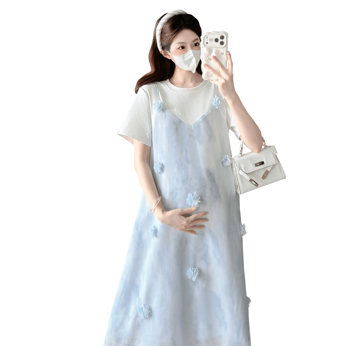 실사 여름 새로운 한국 스타일 티셔츠 패치워크 쉬폰 연령 감소 꽃 페이크 레이어드 임산부 빅 사이즈 드레스 이미지 6