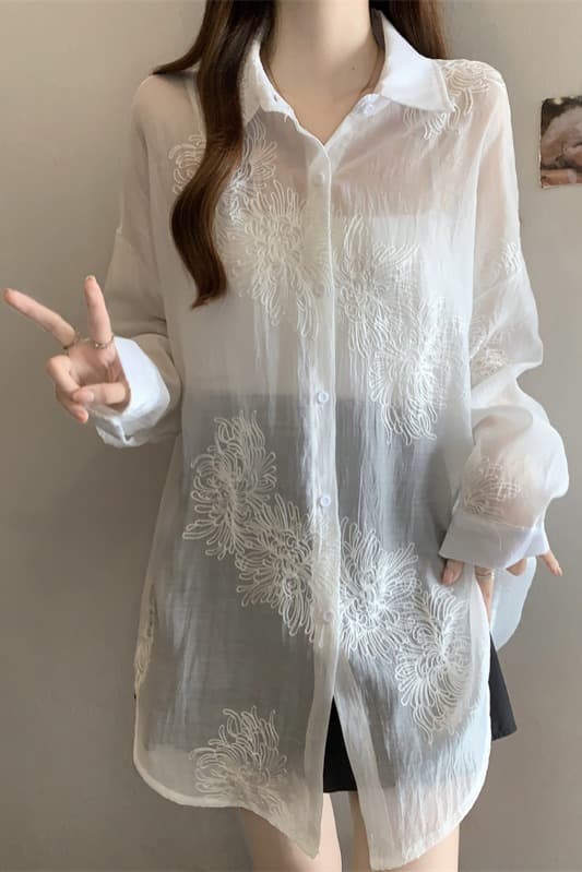 레이스 자카드 긴팔 자외선 차단 여성 셔츠 여름 새로운 2026 빅 사이즈 지방 mm 슬림해 보이는 고급 디자인 센스 맨위 이미지 7
