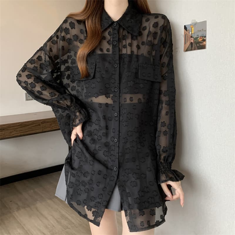 레이스 홀로우 아웃 자카드 긴팔 화이트 여성 셔츠 여름 빅 사이즈 지방 mm 루즈핏 표지 배 POLO 칼라 맨위 상세 이미지 6