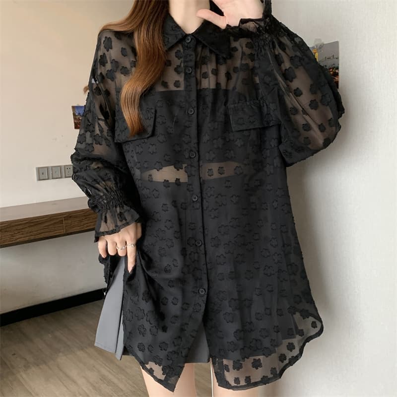 레이스 홀로우 아웃 자카드 긴팔 화이트 여성 셔츠 여름 빅 사이즈 지방 mm 루즈핏 표지 배 POLO 칼라 맨위 상세 이미지 7