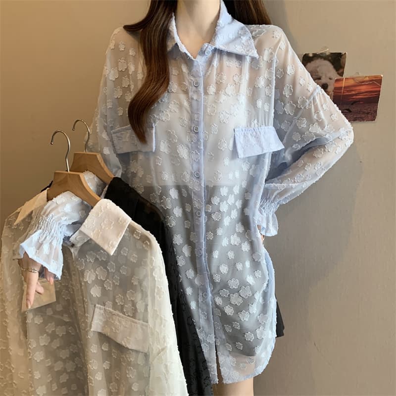 레이스 홀로우 아웃 자카드 긴팔 화이트 여성 셔츠 여름 빅 사이즈 지방 mm 루즈핏 표지 배 POLO 칼라 맨위 상세 이미지 11