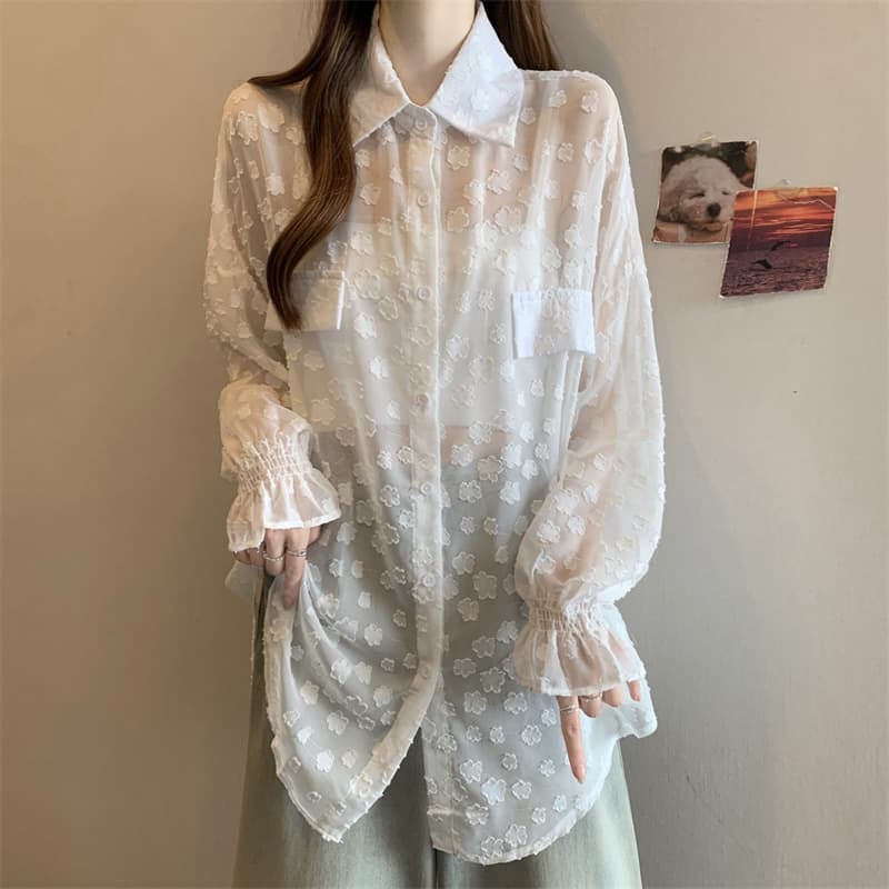 레이스 홀로우 아웃 자카드 긴팔 화이트 여성 셔츠 여름 빅 사이즈 지방 mm 루즈핏 표지 배 POLO 칼라 맨위 상세 이미지 23