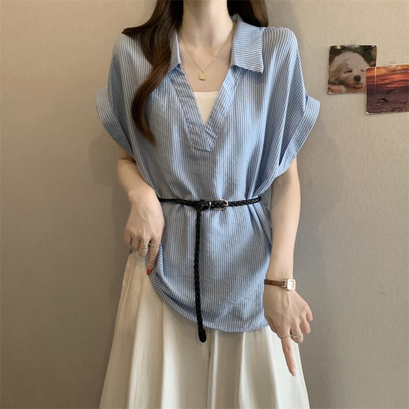 빅 사이즈 페이크 레이어드 반팔 여성 셔츠 V넥 지방 mm 품격 항구 바람 맨위 여름 캐주얼 패치워크 셔츠 이미지 3