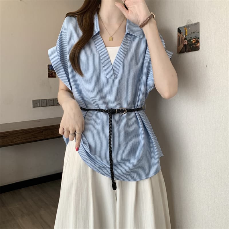빅 사이즈 페이크 레이어드 반팔 여성 셔츠 V넥 지방 mm 품격 항구 바람 맨위 여름 캐주얼 패치워크 셔츠 상세 이미지 17
