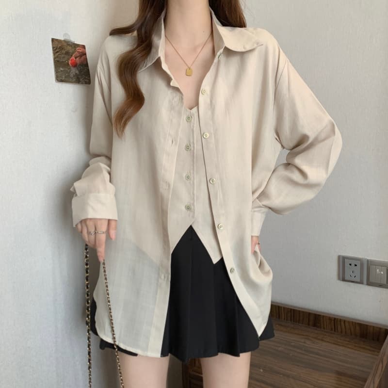 빅 사이즈 깊은 커피 색상 페이크 레이어드 셔츠 2026 이른 가을 지방 mm 디자인 센스 패치워크 세련된 연령 감소 긴팔 셔츠 상세 이미지 11