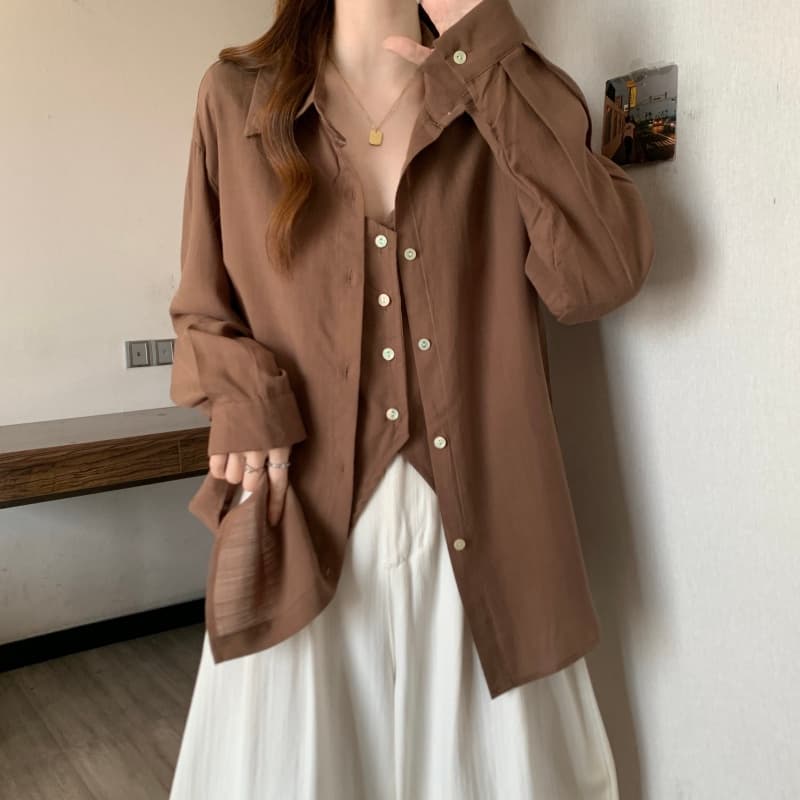 빅 사이즈 깊은 커피 색상 페이크 레이어드 셔츠 2026 이른 가을 지방 mm 디자인 센스 패치워크 세련된 연령 감소 긴팔 셔츠 상세 이미지 17