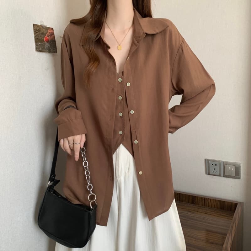 빅 사이즈 깊은 커피 색상 페이크 레이어드 셔츠 2026 이른 가을 지방 mm 디자인 센스 패치워크 세련된 연령 감소 긴팔 셔츠 상세 이미지 19