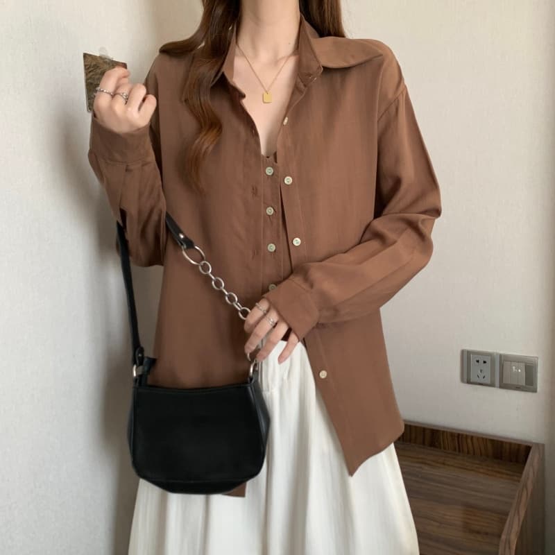 빅 사이즈 깊은 커피 색상 페이크 레이어드 셔츠 2026 이른 가을 지방 mm 디자인 센스 패치워크 세련된 연령 감소 긴팔 셔츠 상세 이미지 20