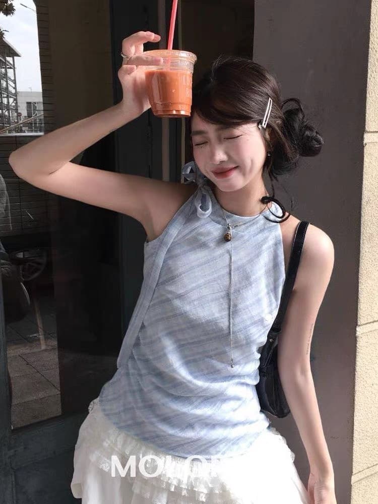 파란색 체크무늬 페이크 레이어드 맨위 여성 상세 이미지 2