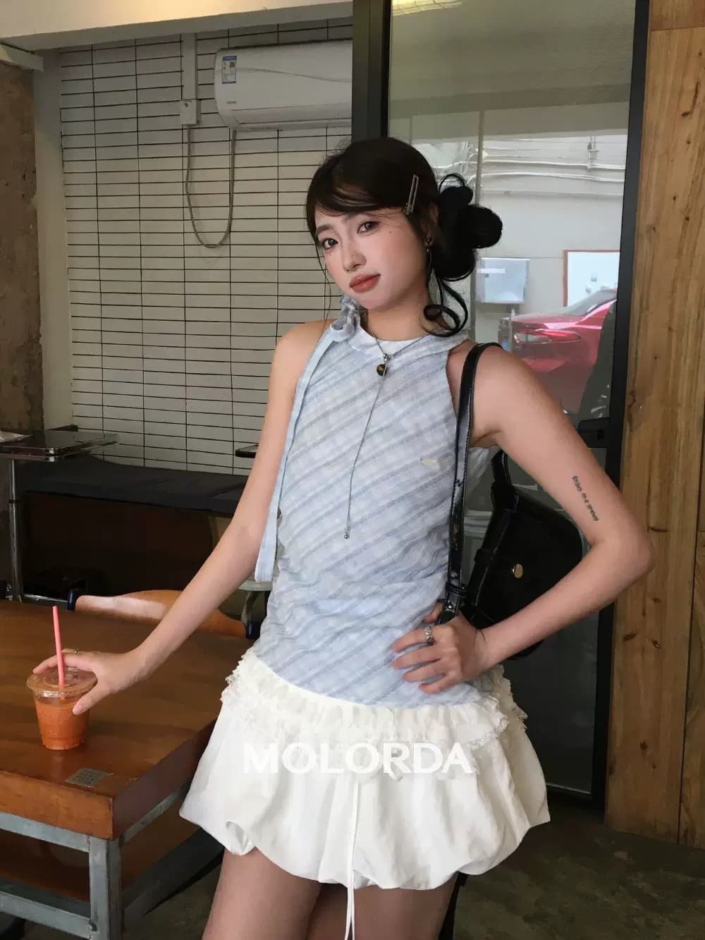 파란색 체크무늬 페이크 레이어드 맨위 여성 상세 이미지 6