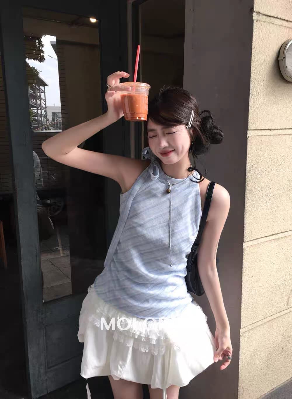파란색 체크무늬 페이크 레이어드 맨위 여성 상세 이미지 10