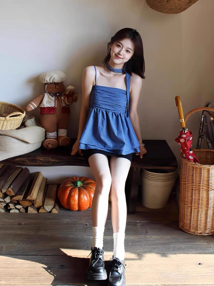 체크무늬 행침 목 조끼 슬립 여성 이미지 2