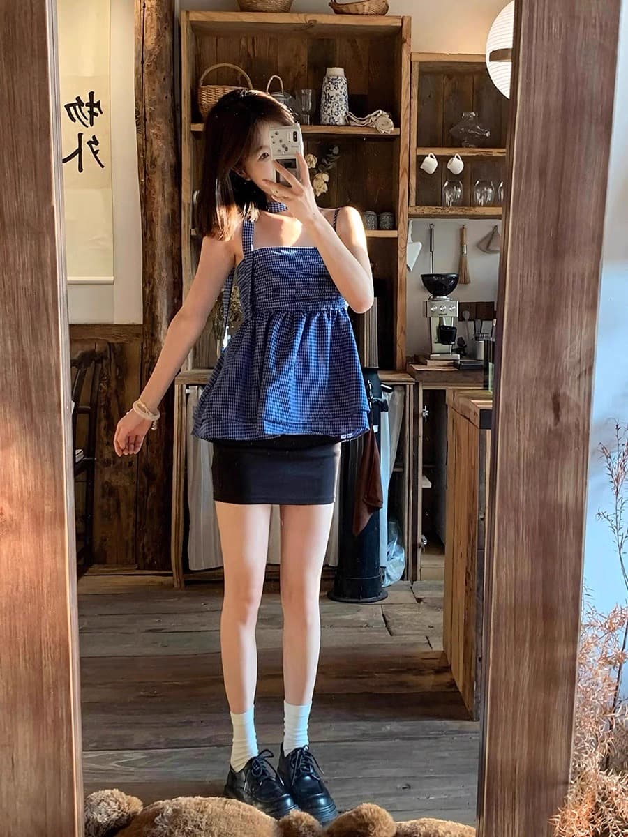 체크무늬 행침 목 조끼 슬립 여성 상세 이미지 2