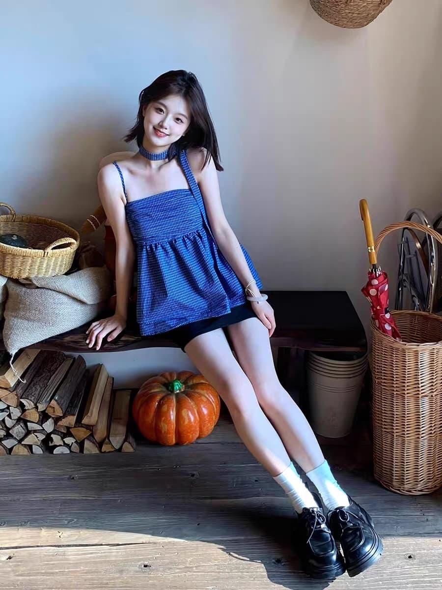 체크무늬 행침 목 조끼 슬립 여성 상세 이미지 4