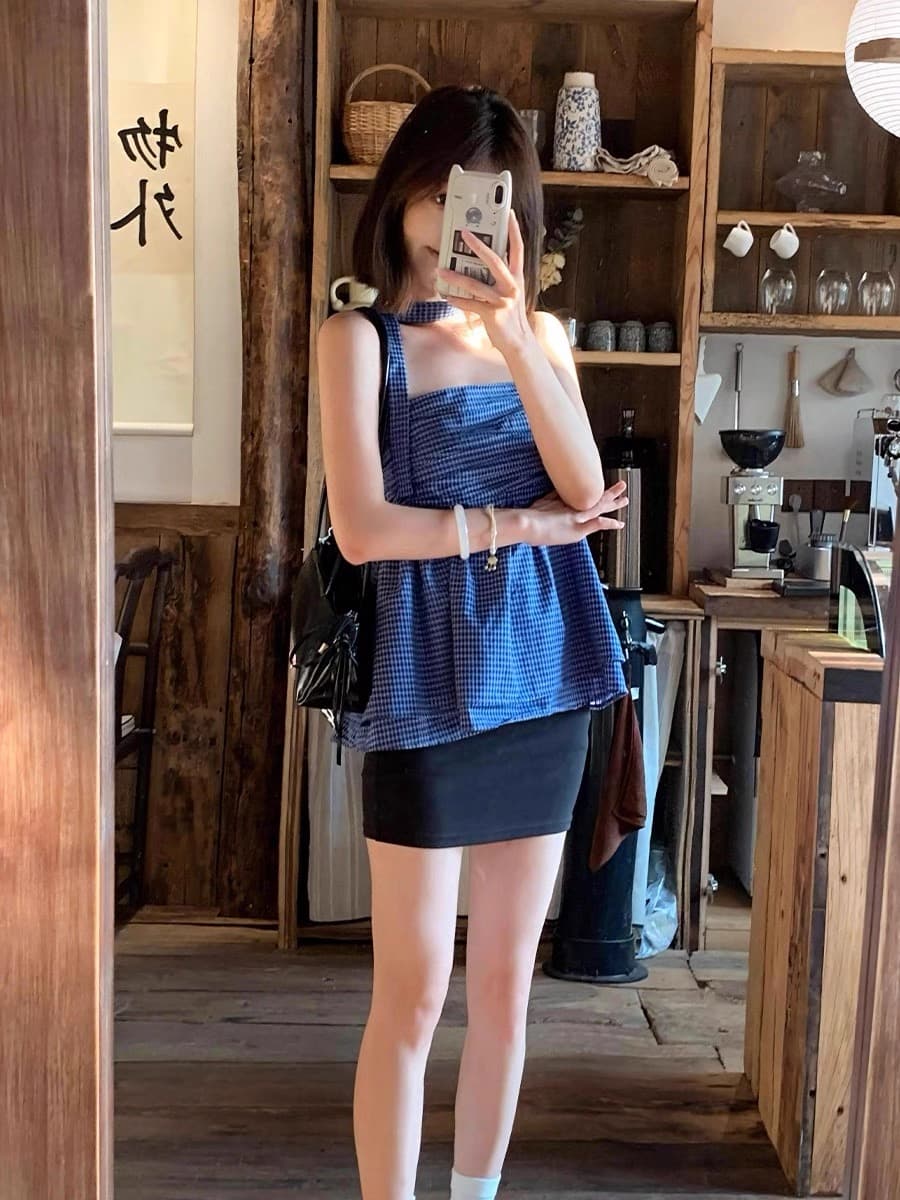 체크무늬 행침 목 조끼 슬립 여성 상세 이미지 5