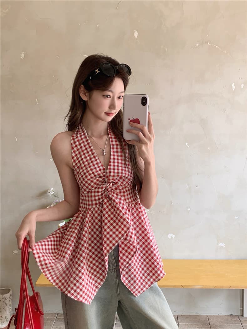 빨간색 체크무늬 행침 목 맨위 여성 이미지 4