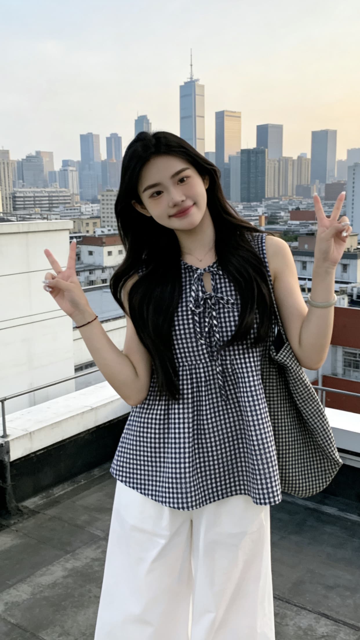 체크무늬 조끼 셔츠 맨위 여성 이미지 2