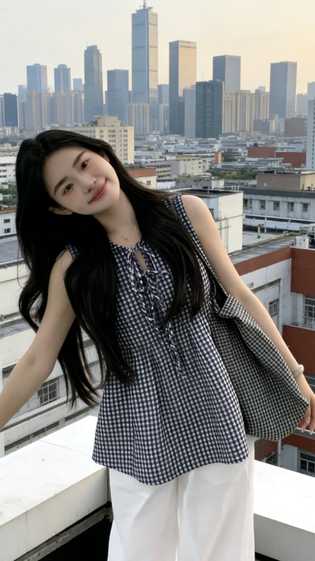 체크무늬 조끼 셔츠 맨위 여성 이미지 3