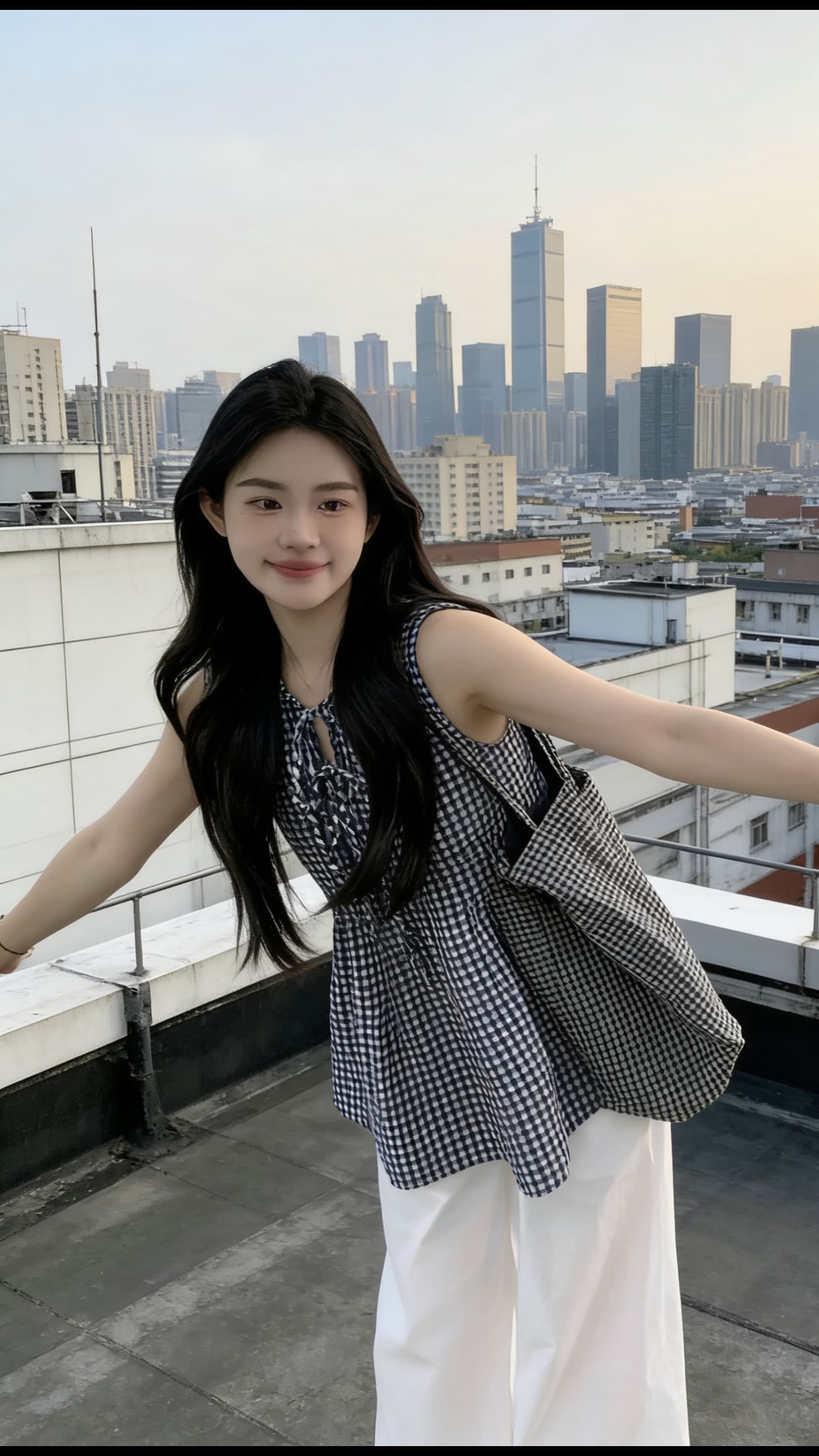 체크무늬 조끼 셔츠 맨위 여성 이미지 5