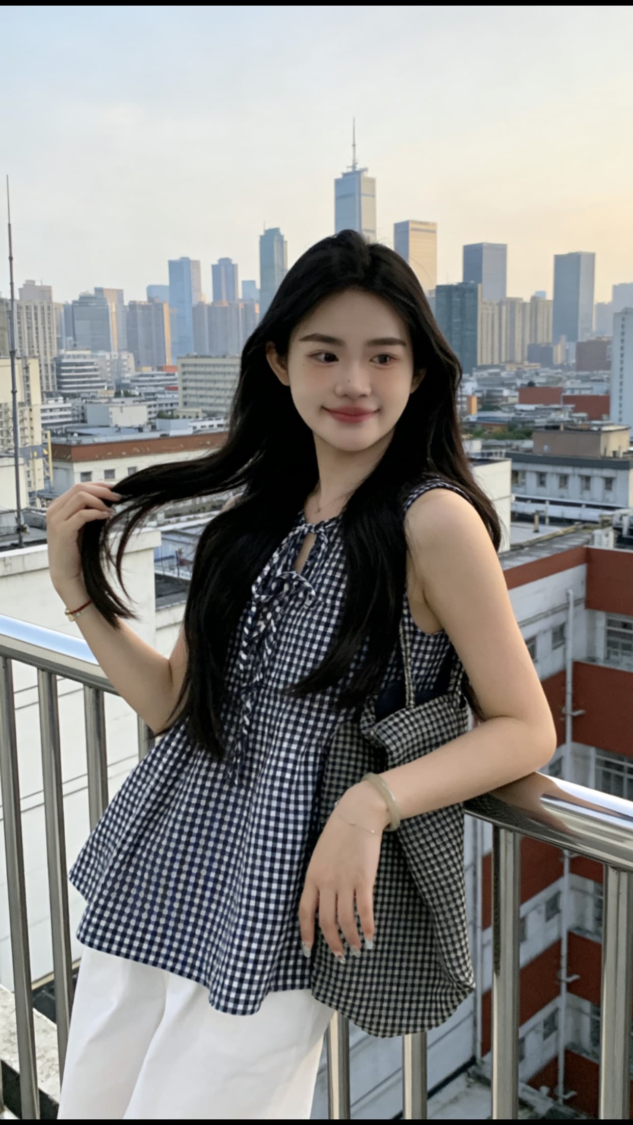 체크무늬 조끼 셔츠 맨위 여성 이미지 4