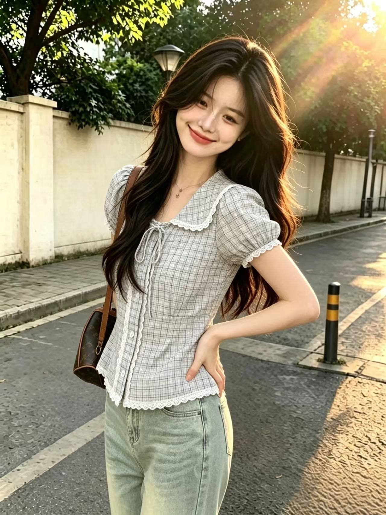 레이스 레이스 격자 무늬 셔츠 맨위 여성 이미지 5
