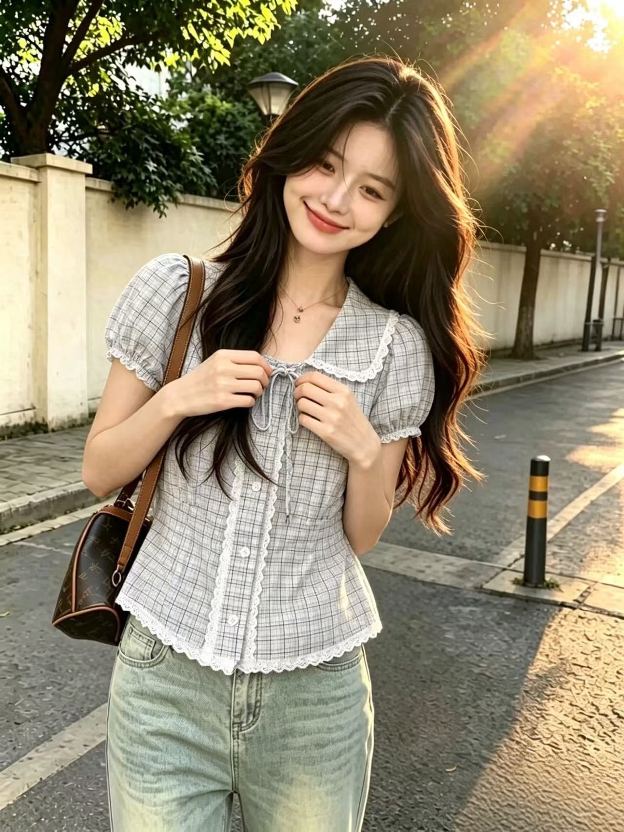 레이스 레이스 격자 무늬 셔츠 맨위 여성 이미지 4