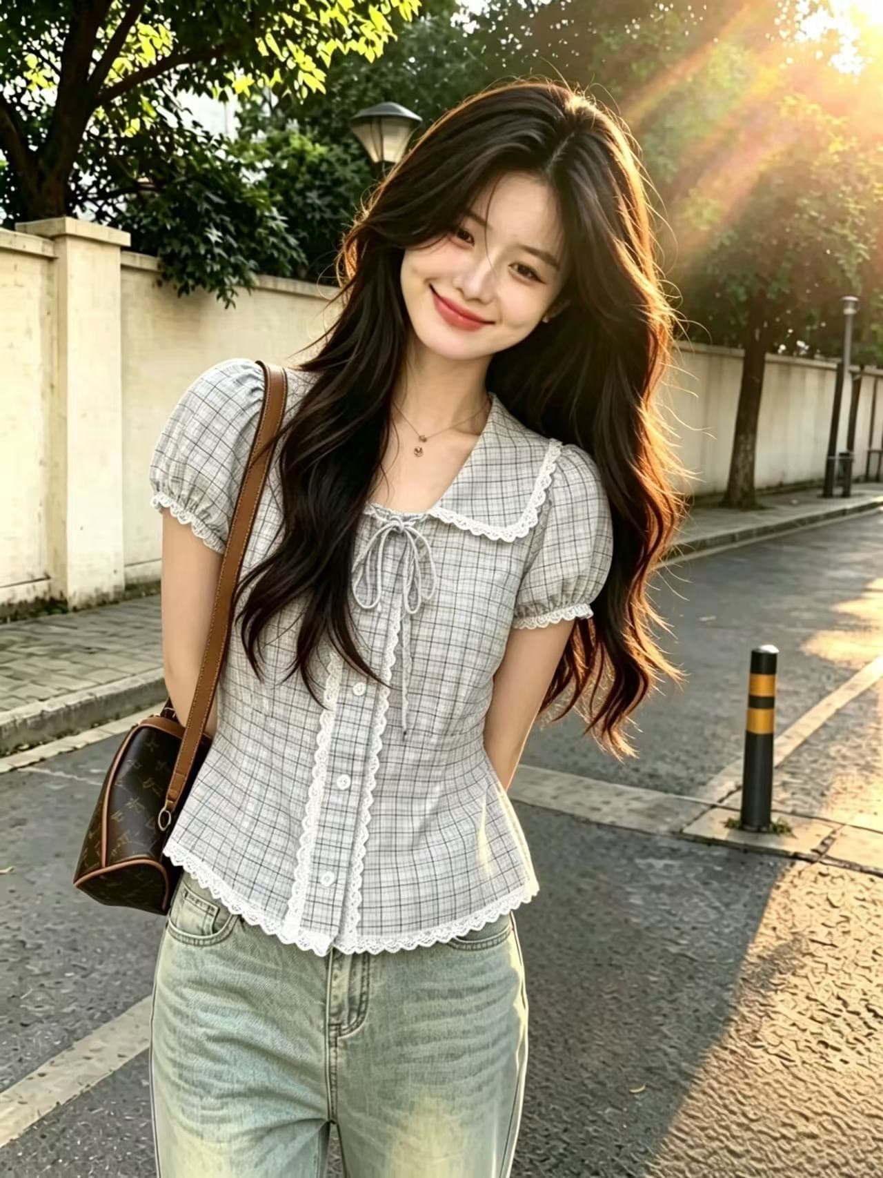 레이스 레이스 격자 무늬 셔츠 맨위 여성 상세 이미지 3