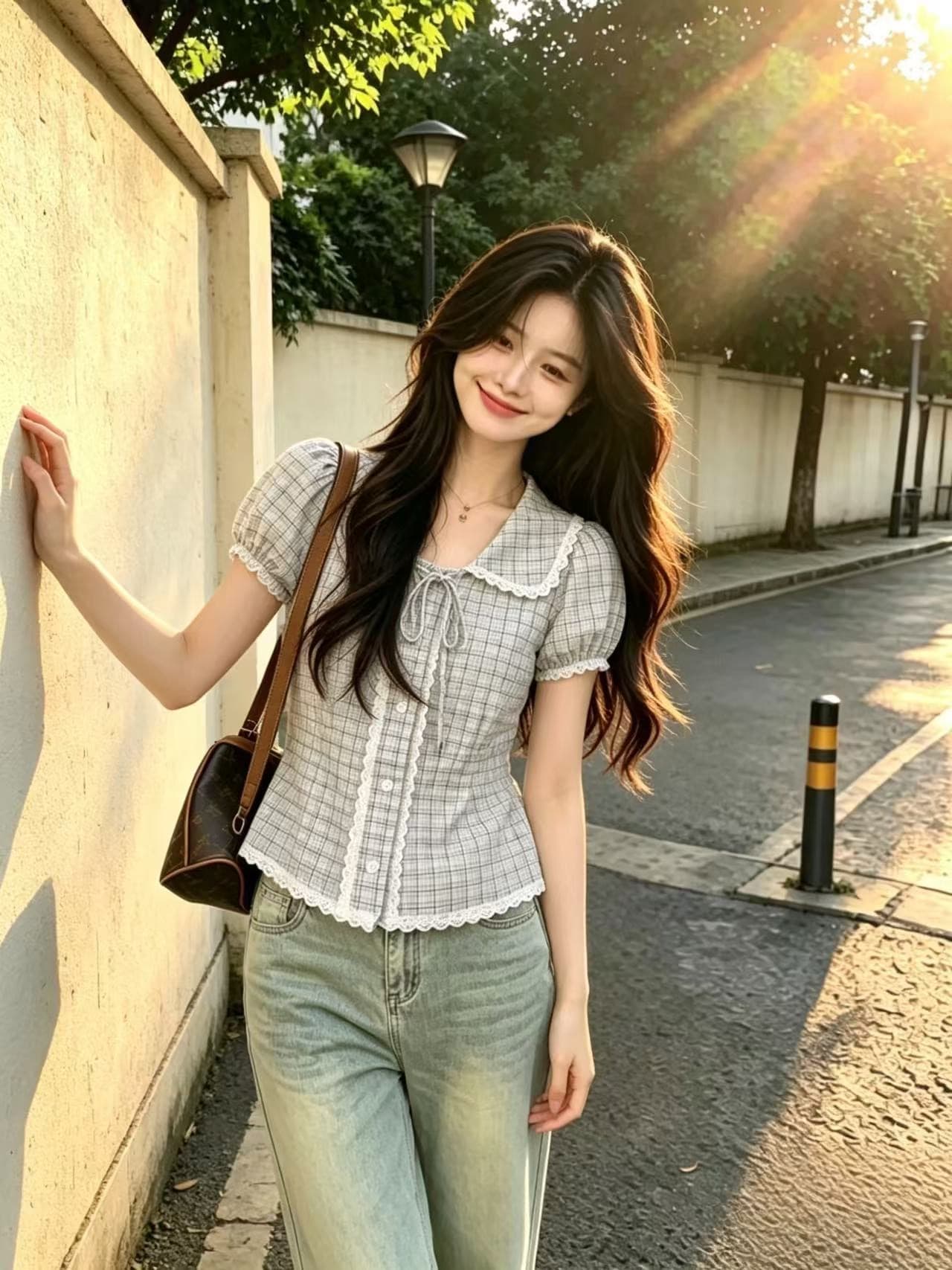 레이스 레이스 격자 무늬 셔츠 맨위 여성 상세 이미지 4