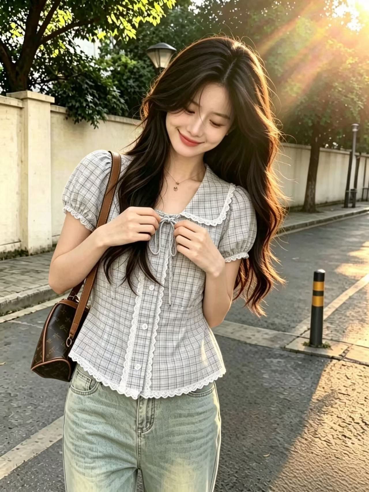 레이스 레이스 격자 무늬 셔츠 맨위 여성 상세 이미지 6