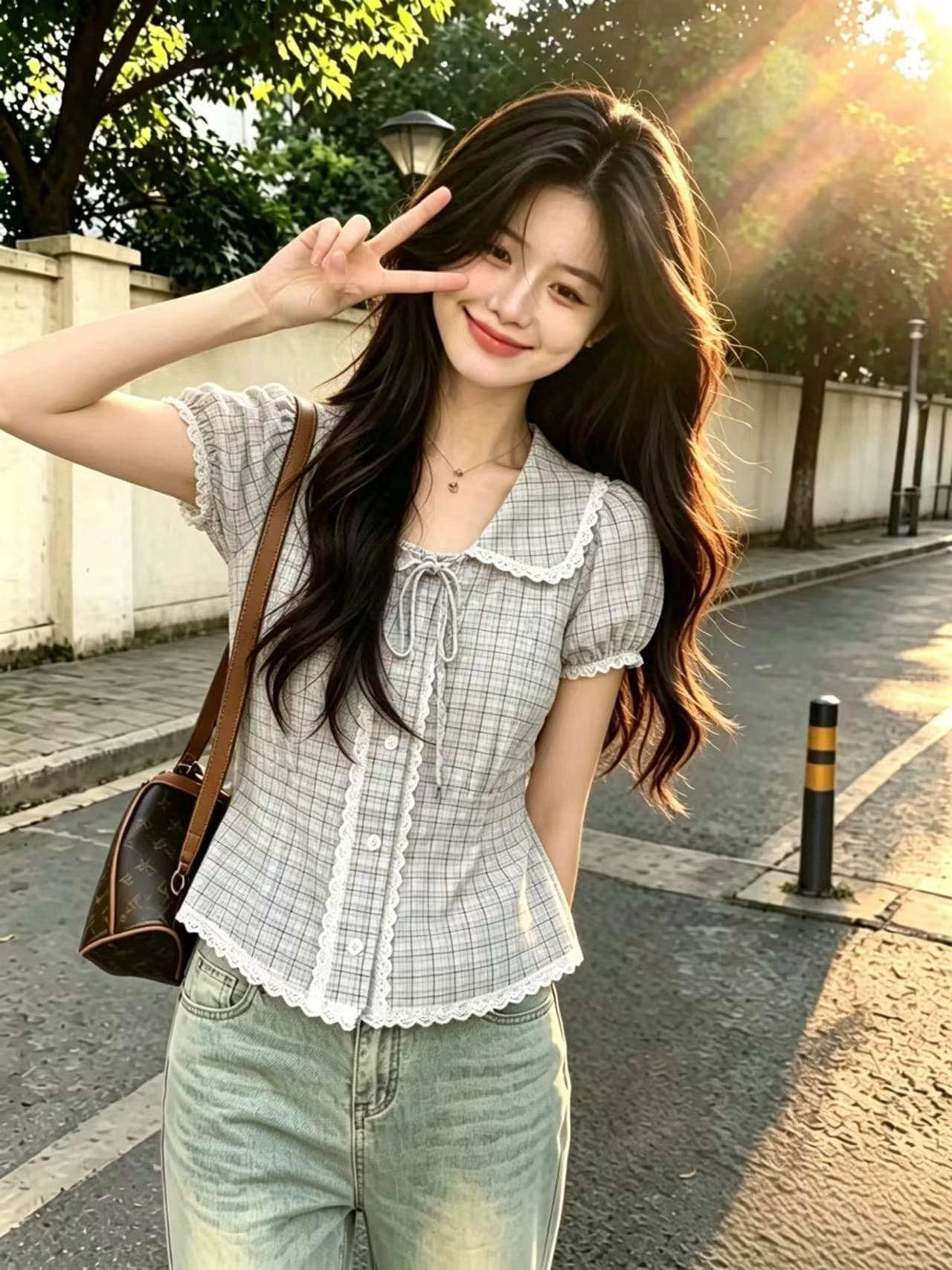 레이스 레이스 격자 무늬 셔츠 맨위 여성 상세 이미지 7