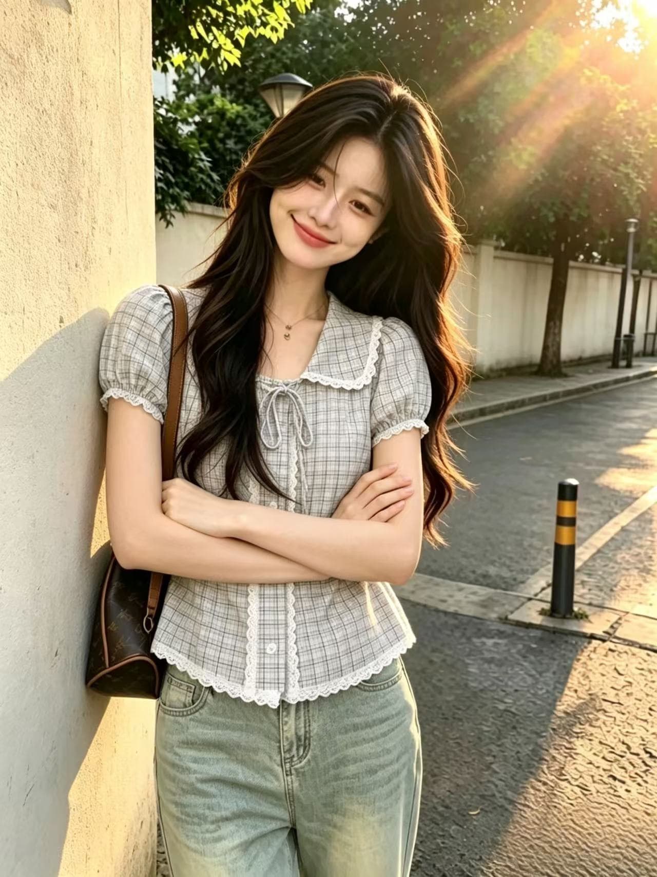 레이스 레이스 격자 무늬 셔츠 맨위 여성 상세 이미지 9