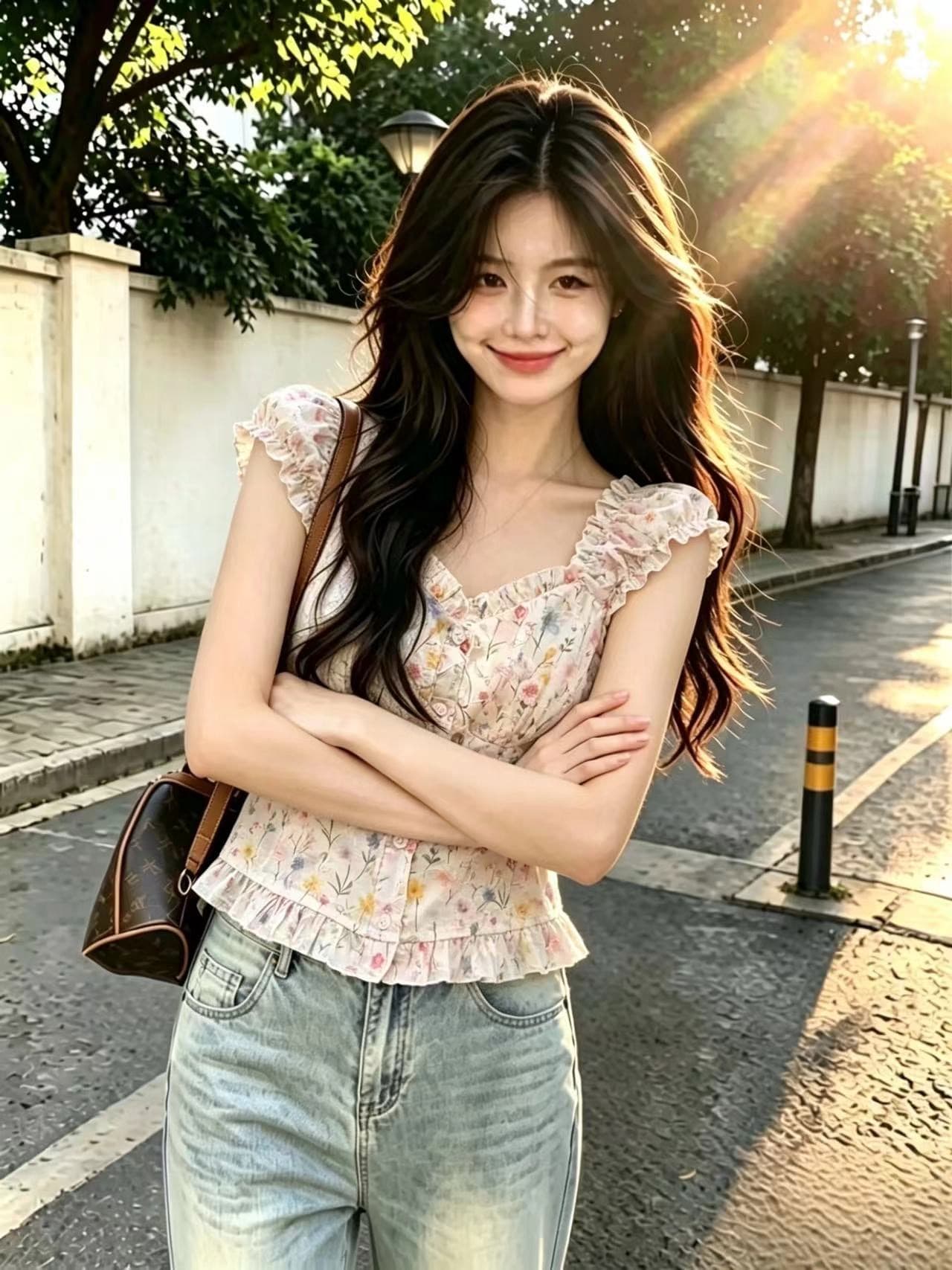 꽃무늬 작은 날다 소매 쇼트 스타일 작은 셔츠 맨위 여성 이미지 5